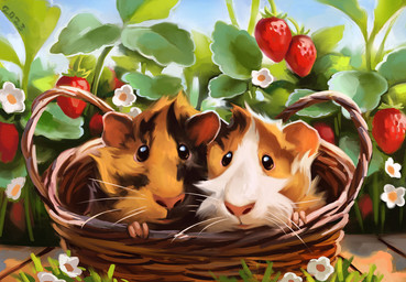 black_body black_eyes black_fur blue_sky duo feral food fruit fur leaf orange_body orange_fur pink_ears pink_nose pink_paws plant quadruped sky strawberry white_body white_fur wicker_basket alexpahomov caviid guinea_pig mammal rodent 2023