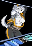 anthro blue_eyes breasts clothed clothing cybernetics erect_nipples eyewear female fluffy fluffy_tail fur glasses hair machine nipples open_mouth open_smile partially_clothed prosthetic prosthetic_arm prosthetic_limb smile solo tail white_body white_fur white_hair yawg meg_(yawg) canid canine canis cyborg domestic_dog mammal alpha_channel hi_res