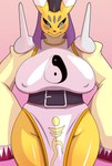 anthro big_breasts biped black_sclera blue_eyes breasts clothed clothing dipstick_ears ear_markings female gradient_background huge_breasts multicolored_ears nipple_outline simple_background solo white_body yellow_body yin_yang kori-nio bandai_namco digimon canid digimon_(species) mammal taomon hi_res