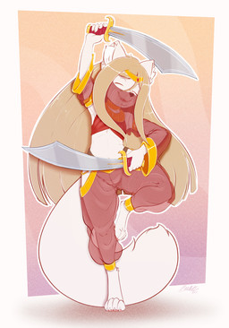 anthro bedlah belly_dancer belly_dancer_outfit belly_dancing biped black_nose claws clothed clothing dancing digitigrade eyebrows eyes_closed female flat_chested fluffy fluffy_tail front_view fur genitals green_hair hair holding_melee_weapon holding_object holding_sword holding_weapon humanoid_genitalia humanoid_vulva inner_ear_fluff long_hair melee_weapon navel on_one_leg open_mouth open_smile red_clothing simple_background skimpy smile solo standing sword tail teeth toe_claws tongue translucent translucent_clothing tuft veil vulva weapon white_body white_fur young young_anthro young_female poulet-7 ambiguous_species canid canine mammal 2026 hi_res