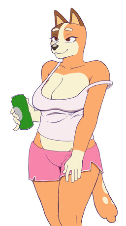 5_fingers anthro bedroom_eyes beverage_can big_breasts big_eyes biped bite biting_lip biting_own_lip black_nose bottomwear breasts brown_body brown_ears brown_eyes brown_fur can cleavage cleavage_overflow clothed clothed_anthro clothed_female clothing collarbone container eyebrows eyelashes female fingers fully_clothed fully_clothed_anthro fully_clothed_female fur glistening glistening_eyes glistening_nose gloves_(marking) holding_can holding_container holding_object humanoid_hands iris legs_together light_body light_fur long_eyelashes looking_forward markings mature_anthro mature_female monotone_background multicolored_body multicolored_fur multicolored_tail narrowed_eyes off_shoulder orange_body orange_fur orange_tail pink_bottomwear pink_clothing pink_shirt pink_shorts pink_tank_top pink_topwear pointy_ears prick_ears pupils seductive self_bite shirt shorts simple_background smile snout solo spots spotted_markings spotted_tail standing tail tail_markings tan_inner_ear tank_top three-quarter_view topwear two_tone_tail white_background white_body white_breasts white_eyebrows white_fur white_markings white_sclera white_spots white_tail xthe_real_cjx bluey_(series) chilli_heeler australian_cattle_dog canid canine canis cattledog domestic_dog herding_dog mammal pastoral_dog 2025 digital_drawing_(artwork) digital_media_(artwork) hi_res portrait three-quarter_portrait