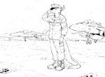 aircraft airplane anthro boots clawed_fingers clothing cloud decal footwear gesture hat headgear headwear horn jet male military_cap military_uniform runway salute shoes sky skyscape smile solo tail uniform vehicle wheel hotchkisstank f-18 mythology dragon mythological_creature mythological_scalie scalie 2022 line_art monochrome