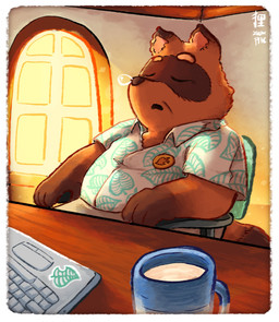 aloha_shirt anthro belly bottomwear brown_body clothing computer container cup detailed_background electronics inside male mug overweight overweight_male pattern_clothing pattern_shirt pattern_topwear shirt shorts sitting sleeping solo topwear raigmann animal_crossing nintendo tom_nook_(animal_crossing) canid canine mammal raccoon_dog tanuki 2022 absurd_res hi_res