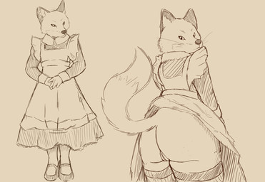anthro apron big_butt butt clothed clothing clothing_lift dark_ears dipstick_tail dress dress_lift ear_markings facial_markings female footwear frilly frilly_apron frilly_clothing genitals hand_on_belly hands_together head_markings legwear looking_back maid_uniform markings mary_janes multiple_poses no_underwear pointy_ears pose presenting presenting_hindquarters prick_ears raised_tail rear_view shoes snout snout_markings solo standing tail tail_markings thigh_highs uniform vulva whiskers holemann canid canine fox mammal