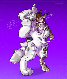absorption_vore anthro blush digitigrade duo ear_piercing featureless_crotch fluffy fur fur_tuft glistening glistening_body goo_transformation handle handle_bar handles_on_hips inflatable male markings merging nude pawpads paws piercing pool_toy pool_toy_handle pooltoy_transformation purple_background simple_background slime smug spots spotted_body spotted_fur tail transformation tuft vore white_body worried_look nennsen animate_inanimate canid canine canis domestic_dog felid feline living_inflatable living_pool_toy lynx mammal hi_res