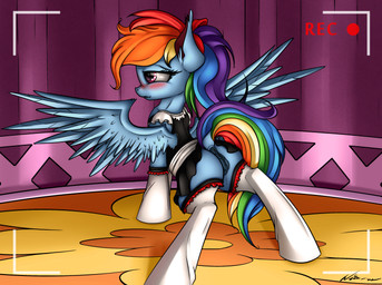 accessory alternate_hairstyle anus blue_body blue_feathers blue_fur blush bodily_fluids bow_(feature) bow_accessory bow_ribbon butt camera_view clothing dock_(anatomy) feathered_wings feathers female feral fur genital_fluids genitals hair hair_accessory hair_bow hair_ribbon legwear maid_uniform multicolored_hair multicolored_tail pink_eyes ponytail rainbow_hair rainbow_tail recording ribbons solo spread_wings tail thigh_highs uniform vaginal_fluids vulva wings neko-me friendship_is_magic hasbro my_little_pony mythology rainbow_dash_(mlp) equid equine mammal mythological_creature mythological_equine pegasus 2015 hi_res