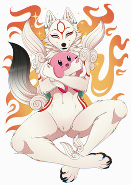 anthro anthrofied black_claws black_lips blush claws crossed_arms crossed_legs ear_piercing ear_ring eyelashes eyes_closed female finger_claws fur inner_ear_fluff larger_female lips male naturally_censored navel nude pawpads piercing pubic_mound ring_piercing simple_background sitting size_difference smaller_male smile solo sparkles tail toe_claws tuft white_background white_body white_fur white_inner_ear_fluff wide_hips chaiteakitten capcom kirby_(series) nintendo okami_(capcom) amaterasu_(okami) kirby canid canine canis mammal waddling_head wolf 2026 absurd_res crossover hi_res