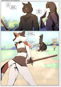 anthro armor battle breasts chest_fur clothed clothing covered_eyes dialogue female fighting_pose group male melee_weapon muscular muscular_male pose practice_sword red_eyes simple_background sword tail text trio weapon wooden_sword lizzard_sama fenrir_(lizzard_sama) kara_(lizzard_sama) canid canine canis domestic_cat felid feline felis mammal wolf absurd_res comic english_text hi_res url