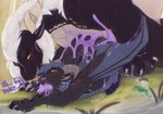 abdominal_bulge anal anal_penetration black_body black_pawpads black_scales bodily_fluids colored_cum cum cum_from_mouth cum_in_mouth cum_inside cum_through duo feral fur genital_fluids genitals horn knot male male/male mane membrane_(anatomy) membranous_wings pawpads penetration penis purple_cum purple_knot purple_penis red_eyes scales size_difference unusual_bodily_fluids unusual_cum unusual_genital_fluids white_body white_fur white_horn white_mane wings ivnis mythology dragon mythological_creature mythological_scalie scalie hi_res