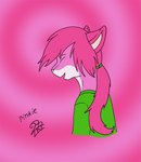 accessory anthro clothed clothing eyes_closed femboy fur green_clothing green_hair_tie green_shirt green_topwear hair hair_accessory hair_tie male pink_background pink_body pink_fur pink_hair ponytail shirt side_view simple_background smile solo text topwear undeadmoonserpent pinkie.lovesu domestic_cat felid feline felis mammal 2013 bust_portrait character_name digital_media_(artwork) english_text hi_res portrait signature