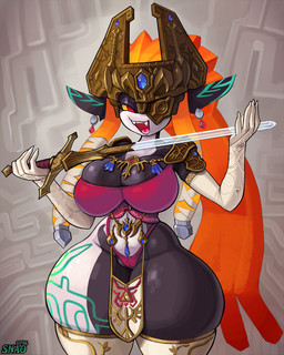 armor big_breasts bottomwear bra breasts cleavage clothed clothing crotch_window ear_piercing female fused_shadow gloves hair handwear headgear helmet holding_melee_weapon holding_object holding_sword holding_weapon huge_hips huge_thighs humanoid_pointy_ears jewelry legwear loincloth looking_at_viewer markings melee_weapon multicolored_body not_furry one_eye_obstructed open_mouth orange_hair piercing pointy_ears red_eyes solo sword thick_thighs thigh_highs thong two_tone_body underwear weapon wide_hips yellow_sclera snao nintendo the_legend_of_zelda twilight_princess midna humanoid imp twili