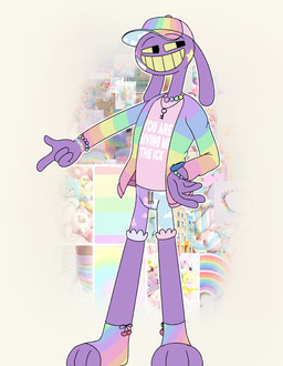 anthro beads bottomwear bracelet clothed clothing footwear hat headgear headwear jewelry key male rainbow shorts smile socks solo sticker sweater toeless_footwear toeless_socks topwear aaron_amethyst glitch_productions the_amazing_digital_circus jax_(tadc) lagomorph leporid mammal rabbit absurd_res hi_res pastel_theme