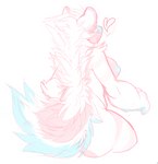 anthro blue_nipples blue_nose breasts female fur hearts_around_head multicolored_body multicolored_fur nipples nude rear_view simple_background sitting solo white_background dominate_(artist) canid canine mammal