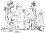 ambiguous_gender belly_scales claws duo ear_frill ears_back feral frill_(anatomy) horn membrane_(anatomy) membranous_wings pivoted_ears scales simple_background sitting spiked_tail spikes spikes_(anatomy) tail wings khyaber mythology dragon mythological_creature mythological_scalie scalie 2013 dated monochrome signature