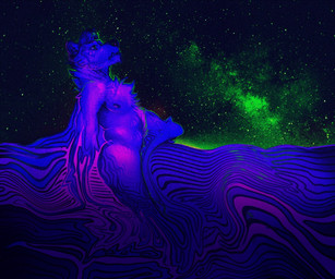 abstract_background anthro cheek_tuft chest_tuft facial_tuft hair male male_anthro mouth_closed neck_tuft nipples nude short_hair side_view solo tuft chumbasket chumbasket_(character) hybrid hyena mammal mustelid otter restricted_palette