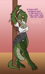 anthro breasts claws cleavage clothed clothing dialogue dress feet female hair horn inner_dialogue lips maid_uniform non-mammal_breasts panties pole post scales simple_background solo text underwear uniform lord_magicpants microsoft the_elder_scrolls the_lusty_argonian_maid lifts-her-tail argonian reptile scalie english_text flat_colors hi_res