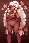 anthro black_body blush braided_hair breasts featureless_crotch female flower fur hair horn inverted_nipples long_hair nipples nude plant simple_background smile solo text wool_(fur) pocki07 nintendo pokemon bovid caprine generation_8_pokemon mammal pokemon_(species) wooloo 2019 digital_media_(artwork) english_text hi_res