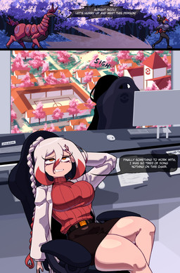 ambiguous_gender belt belt_buckle big_breasts binder_(object) black_body black_bottomwear black_clothing black_hair black_pants black_skirt blue_leaves blue_mouth blue_sky bottomwear breasts buckle building chair cherry_blossom cherry_blossom_tree cherry_tree city city_background clothing computer_keyboard computer_monitor computer_mouse dark_body dark_skin day desk dust_cloud eye_bags eyelashes eyes_up female feral flower folder footwear forest forest_background fruit_tree furniture grass grin group hair hair_bun highlights_(coloring) holding_own_head horn leaning leaning_backward light_body light_skin markings midriff nature nature_background office office_chair office_lady on_chair open_mouth orange_eyes pants paper pathway pen pink_leaves plant pointy_speech_bubble pokeball ponytail prunus_(flower) purple_clothing purple_leaves purple_markings purple_sweater purple_topwear quadruped question_mark red_body red_clothing red_highlights red_sweater red_topwear red_turtleneck reveal running shoes shoulder_bag shrub sigh silhouette sitting sitting_on_chair skirt sky smile sneakers speech_bubble spikes spikes_(anatomy) stadium sweater table talking_to_self text thick_thighs topwear tree trio turtleneck white_hair white_lab_coat yelling_at_another cuchuflin nintendo pokemon andre_(cuchuflin) animal_humanoid ariados arthropod generation_2_pokemon generation_5_pokemon human humanoid insect mammal pokemon_(species) scolipede absurd_res comic english_text hi_res male_(lore)
