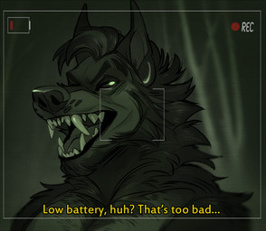 anthro camera_view fangs low_battery male muscular muscular_anthro night_vision recording solo teeth text igiveyoulemons mythology canid canine canis mammal mythological_canine mythological_creature werecanid werecanine werecreature werewolf wolf english_text subtitled