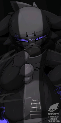 aircraft ambiguous_gender anthro black_background black_body black_sclera eyewear glistening glistening_body glowing glowing_eyes goggles hand_on_hip joints looking_at_viewer machine mask narrowed_eyes object_in_mouth purple_eyes simple_background solo text vehicle wearing_goggles presto_(artist) aerocats project_c.a.t.s lancer_(presto) aircraft_animal domestic_cat felid feline felis living_aircraft living_machine living_vehicle mammal robot robot_anthro 1:2 artist_name dark_theme english_text half-length_portrait hi_res portrait