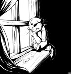 ambiguous_gender curtains curtains_open darkness light missing_eye otter_tail patch_(fabric) plush_stuffing plushie sad solo whiskers window window_sill pandottermon high_contrast monochrome