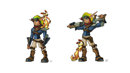 anthro armor beard blue_clothing blue_eyes brown_body brown_fur carrying_another clothing crossed_arms duo eyewear eyewear_on_head facial_hair fingerless_gloves footwear fur gloves goggles goggles_on_head green_beard green_facial_hair green_hair gun hair handwear leaning_on_another looking_at_viewer looking_up male on_shoulders pauldron pouch_(clothing) ranged_weapon shoes standing tail weapon bob_rafei jak_and_daxter naughty_dog sony_corporation sony_interactive_entertainment daxter jak_(jak_and_daxter) humanoid mammal mustelid ottsel 16:9 2002 hi_res official_art widescreen