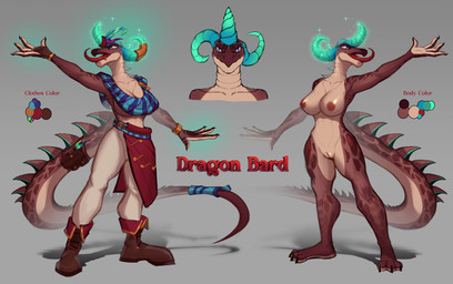abs accessory adopts anthro areola asymmetrical_horns bag bard belt big_breasts big_tail blue_eyes boots bottomwear bracelet breasts brown_body clothed clothing facial_piercing female footwear furgonomics genitals gloves glowing glowing_horn grey_background handwear horn jewelry lip_piercing long_tongue looking_up navel nipples non-mammal_breasts non-mammal_navel non-mammal_nipples notes nude open_mouth pants piercing scales shoes simple_background solo spikes spikes_(anatomy) tail tail_accessory tail_bag text thick_thighs tongue tongue_out topwear white_body scarlet_side mythology dragon mythological_creature mythological_scalie scalie 2026 digital_media_(artwork) english_text hi_res model_sheet