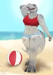 2022 abs anthro ball beach beach_ball breasts claws clothing crop_top dinosaur extinct female grey_body grey_scales hand_behind_head hi_res inflatable light midriff muscular muscular_anthro muscular_female navel non-mammal_breasts open_mouth outside pig_(artist) prehistoric_species rachel_varex reptile sand scales scalie seaside sharp_teeth shirt sky solo standing sun sunlight tail teeth theropod topwear torn_clothing tyrannosaurid tyrannosauroid tyrannosaurus tyrannosaurus_rex