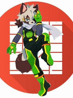 anthro armor_plates armwear black_bodysuit black_clothing black_skinsuit bodysuit brown_body brown_ears brown_fur brown_tail_tip bulge clothed clothing dipstick_tail eyewear footwear fur glare glasses gloves green_bodysuit green_clothing green_gloves green_handwear green_skinsuit hair handwear latex latex_clothing latex_gloves latex_handwear latex_skinsuit looking_at_viewer male markings ninja on_one_leg one_eye_closed pink_inner_ear pose red_background red_circle rubber_boots scarf simple_background skinsuit solo spandex standing tail tail_markings tan_body tan_fur tan_hair tan_tail tanuki_leaf tanuki_tail tight_clothing warrior wearing_glasses white_background white_scarf yellow_bodysuit yellow_clothing yellow_skinsuit young young_anthro young_male jinnosound canid canine canis mammal raccoon_dog tanuki 3:4 hi_res