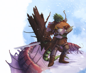 5_fingers ambiguous_gender anthro armor arrow_(weapon) bottomwear bow_(weapon) clothed clothing dagger duo fingers gauntlets gloves green_body green_scales handwear male melee_weapon multi_limb pants plant plantigrade quiver_(object) ranged_weapon scales shirt simple_background snow sword teeth topwear tree weapon white_background yellow_eyes intricatevision dungeons_and_dragons hasbro wizards_of_the_coast arthropod insect lizardman monster remorhaz reptile scalie 2016