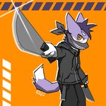 1:1 ambiguous_gender ambiguous_species anthro bruno_borker clothed clothing head_tuft hi_res holding_object knife mask multicolored_body purple_body simple_background solo tail tuft two_tone_body two_tone_tail yellow_eyes