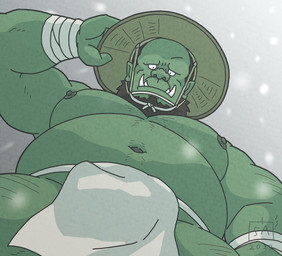 asian_clothing belly clothing east_asian_clothing fundoshi green_body hat headgear headwear humanoid_hands japanese_clothing kemono male moobs navel nipples outside overweight overweight_male snow snowing solo underwear white_clothing white_fundoshi white_underwear goyemon_k humanoid orc 2022