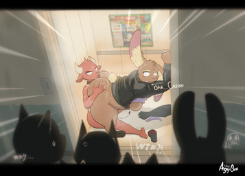 anal anthro belly big_butt bodily_fluids brown_body butt butt_grab clothed clothing duo elevator feet female femboy footwear group hand_on_butt horn male male/female oral partially_clothed public red_body rimming saliva sex shocked shoes sitting slightly_chubby standing sweat text s4us4ge3 fatima_coco hame_the_bull bovid lagomorph mammal absurd_res hi_res italian_text