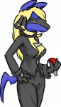 anthro anthrofied black_body black_fur blonde_hair blue_body blue_fur breasts canid canine clothed clothing cynthia_(pokemon) female fur generation_4_pokemon hair holding_object holding_pokeball looking_at_viewer lucario mammal nintendo pokeball pokemon pokemon_(species) pokemon_champion pokemorph pose radial_(artist) solo standard_pokeball yellow_body yellow_fur