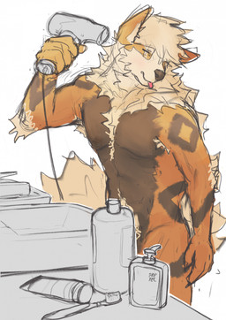 anthro blep convenient_censorship dryer hair_dryer male nude simple_background solo tongue tongue_out white_background sreyel nintendo pokemon arcanine generation_1_pokemon pokemon_(species) hi_res