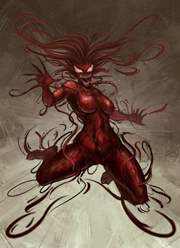 black_goo bodily_fluids breasts corruption female jumping nipples not_furry nude open_mouth saliva saliva_on_tongue sharp_teeth solo teeth tendrils fasslayer marvel spider-man_(series) carnage_(marvel) she-carnage_(marvel) alien humanoid symbiote