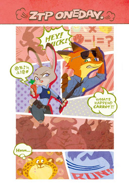 anthro clothed clothing dialogue fully_clothed fur grey_body grey_fur group interrobang orange_body orange_fur speech_bubble text thought_bubble yellow_body yellow_fur awa_mogu disney zootopia benjamin_clawhauser chief_bogo judy_hopps nick_wilde bovid bovine canid canine cape_buffalo cheetah felid feline fox lagomorph leporid mammal rabbit red_fox true_fox 2017 comic english_text