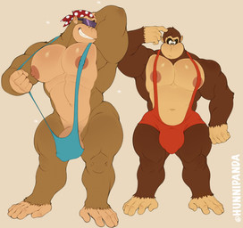 anthro areola banana_hammock barazoku big_areola big_nipples bulge clothing confusion duo eyewear feet kerchief male muscular muscular_anthro muscular_male nipples pecs pose prehensile_feet smile smirk sunglasses swimwear thick_thighs thong toes underwear hunnipanda donkey_kong_(series) nintendo donkey_kong_(character) funky_kong ape gorilla haplorhine mammal primate hi_res pinup