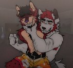 anthro arm_hair armpit_hair belt black_hair bodily_fluids body_hair drooling duo facial_hair fur hair happy_trail male male/male mustache pawpads purple_nose red_body red_facial_hair red_fur red_hair saliva shirtless shirtless_male sideburns spots tan_body tan_fur white_body white_fur maggotnizer canid canine canis hyena mammal spotted_hyena wolf hi_res
