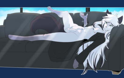anthro balls biped flaccid foreskin furniture genitals hair humanoid_genitalia humanoid_penis long_hair male on_sofa penis sofa solo tail white_hair munkeesgomu canid canine fox mammal alpha_channel