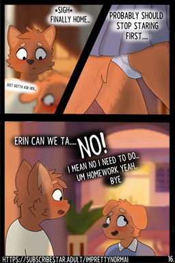 anthro blurred_background blurred_character blush bodily_fluids camel_toe clothed clothing dialogue duo embarrassed female fur genital_fluids genital_outline interrupt looking_away male open_mouth page_number panties shocked simple_background smile tail text tongue underwear wet wet_clothing wet_panties wet_underwear young imprettynormai erin_(imprettynormai) sam_(imprettynormai) canid canine mammal 2:3 absurd_res comic english_text hi_res