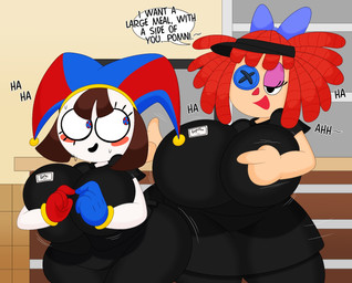 4_fingers bedroom_eyes big_breasts big_butt bodily_fluids breast_jiggle breast_size_difference breasts butt butt_jiggle butt_size_difference doll duo fast_food_uniform female finger_gun fingers flirting gesture hand_gesture huge_breasts huge_butt jiggling larger_female looking_back mitten_hands motion_lines name_tag narrowed_eyes nervous nervous_laugh nervous_smile nervous_sweat not_furry rag_doll_(toy) seductive size_difference smaller_female speech_bubble sweat sweatdrop tapping_fingers thick_thighs 3barts glitch_productions spudsy's the_amazing_digital_circus pomni_(tadc) ragatha_(tadc) animate_inanimate humanoid living_doll living_toy hi_res