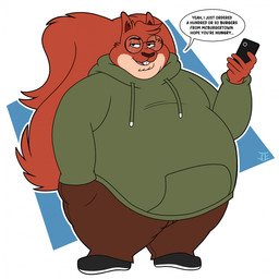 anthro belly big_belly buckteeth cellphone chubby_cheeks clothed clothing dialogue electronics eyewear fur glasses hand_in_pocket holding_cellphone holding_object holding_phone holding_smartphone male obese obese_anthro obese_male open_mouth open_smile overweight overweight_anthro overweight_male phone pockets red_body red_fur smartphone smile smirk solo speech_bubble standing teeth text thick_thighs wide_hips johnny_ether elliot_(fattydragonite) mammal rodent sciurid tree_squirrel 1:1 english_text hi_res