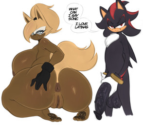 anthro anus balls big_balls big_breasts big_penis black_body blonde_hair blue_eyes bracelet breasts brown_body chest_tuft clothing duo feet female genitals gloves grin hair handwear hindpaw huge_breasts huge_penis jewelry kneeling looking_back male male/female paws penis ponytail red_eyes red_stripes smile speech_bubble stripes tuft vein veiny_penis vulva gonzalo_costa saltyxodium third-party_edit idw_publishing sega sonic_the_hedgehog_(comics) sonic_the_hedgehog_(idw) sonic_the_hedgehog_(series) shadow_the_hedgehog whisper_the_wolf canid canine canis eulipotyphlan hedgehog mammal wolf hi_res