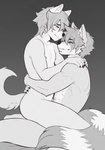 abs anthro duo eye_contact femboy hug looking_at_another love male male/male muscular nipples nude on_lap romantic romantic_couple sitting_on_lap lukiro akaro_(lukiro) canid canine canis hybrid mammal procyonid raccoon hi_res