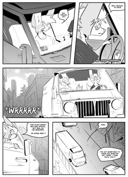 anthro car city city_background clothed clothing detailed_background dialogue driving duo inner_ear_fluff male speech_bubble text tuft vehicle kifyun2 kif_yppreah raphael_yppreah ailurid canid canine fox mammal red_panda absurd_res black_and_white comic english_text hi_res monochrome