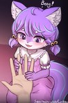 ambiguous_gender anthro blush clothed clothing dialogue dress duo female female_focus fingers hair larger_human open_mouth pupils purple_body purple_eyes purple_hair size_difference smaller_anthro smile solo_focus text lumineko domestic_cat felid feline felis human mammal