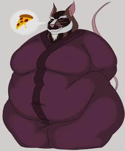anthro belly big_belly clothed clothing eyes_closed food male obese obese_male overweight overweight_male pink_nose pizza pizza_slice simple_background solo inkdweller_art teenage_mutant_ninja_turtles master_splinter mammal murid murine rat rodent 2025 hi_res