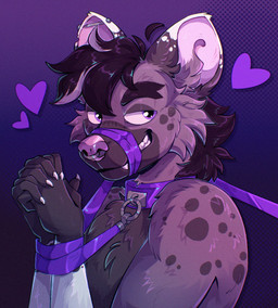 anthro bdsm bondage bound claws collar facial_piercing hair hands_tied leash leashed_collar looking_at_viewer male nose_piercing nose_ring piercing ring_piercing smile solo pur-fox hyena mammal hi_res