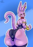 angry anthro bulge butt femboy hair hair_bun hairless jewelry male playboy_bunny purple_body ring_(jewelry) ring_piercing solo pankanchan dragon_ball dragon_ball_super beerus domestic_cat felid feline felis hairless_cat mammal sphynx_(cat) absurd_res hi_res